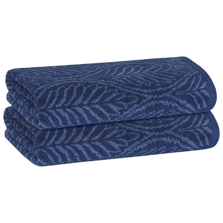 PREMIUS 2 Pack Leaf 100% Cotton Yarn Dyed Hand Towel, 16x28 Inches - 16x28 Inches - Navy