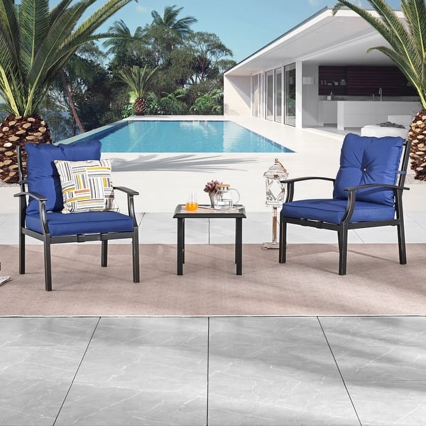 slide 2 of 6, Y23 Patio Festival Outdoor Metal Seating Group with Cushions 2 Chairs + Side Table - Blue