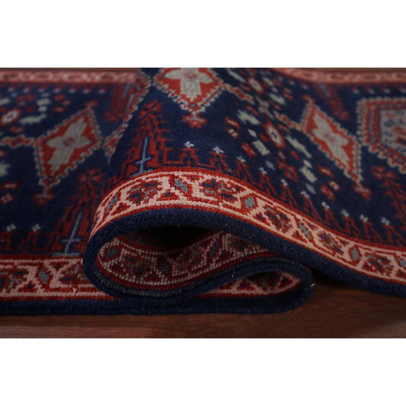 Blue Geometric Viss Oriental Runner Rug Handmade Wool Carpet - 2'7"x 11'10"