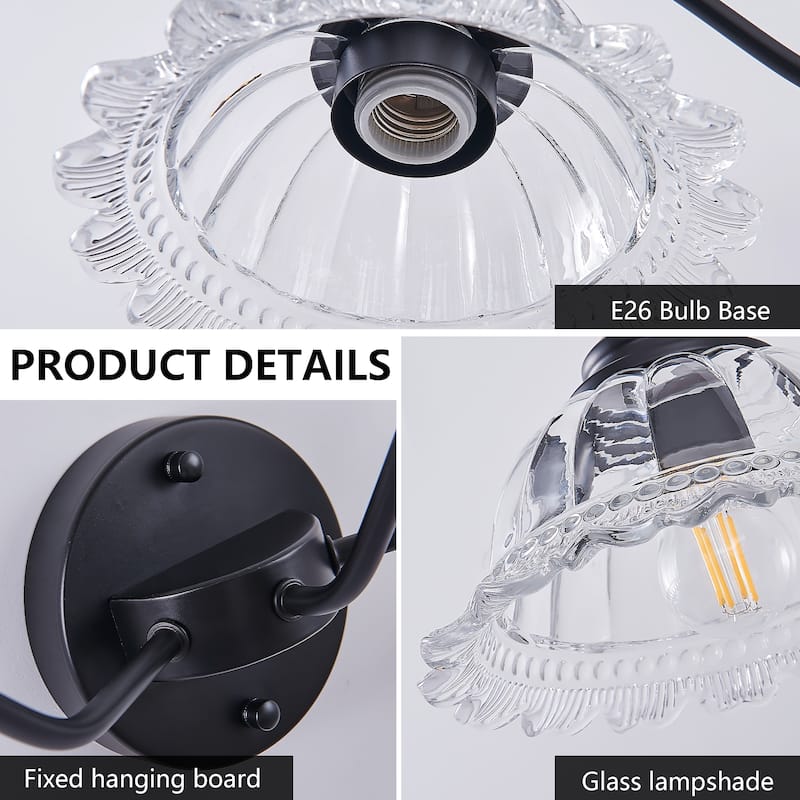 20" 2-Light Black Vintage Vanity - Glass - Bathroom Bedroom (Bulb Not Included)