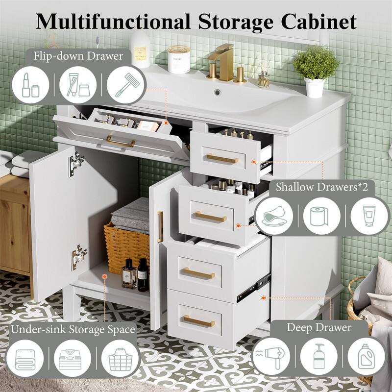 36" Bathroom Vanity with Ceramic Sink, Freestanding Bathroom Vanity Cabinet with 2 Soft Close Doors and 4 Storage Drawers
