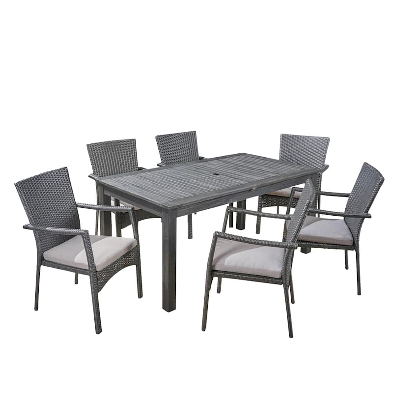 Davenport Outdoor 7 Piece Wood and Wicker Expandable Dining Set by Christopher Knight Home