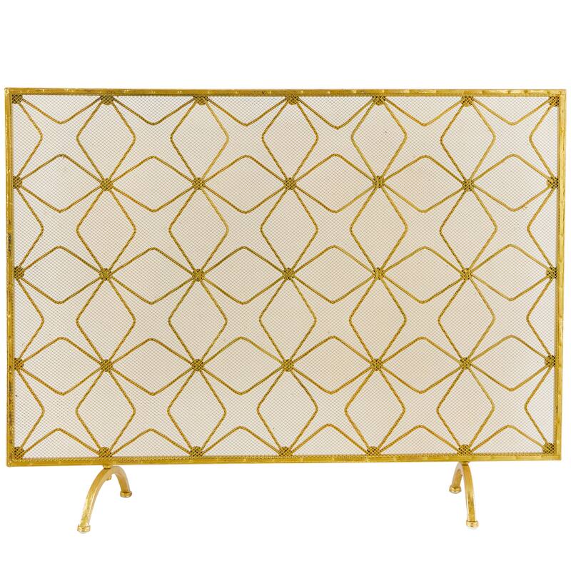 Metal Geometric Star Patterned Single Panel Fireplace Screen with Mesh Netting - Gold - Roche River Décor. - 9"Wx38"Lx28"H