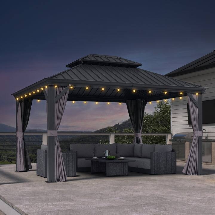 PURPLE LEAF Outdoor Galvanized Steel Full size Hardtop Gazebo Aluminum Frame Gazebo With Curtains - 11' x 13' - Grey(With lights)