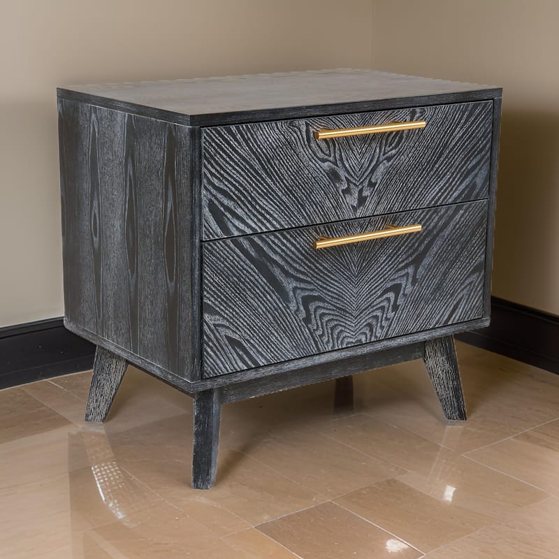 Cid Coy 23 Inch Nightstand, 2 Drawers with Gold Metal Handles, Ash Gray