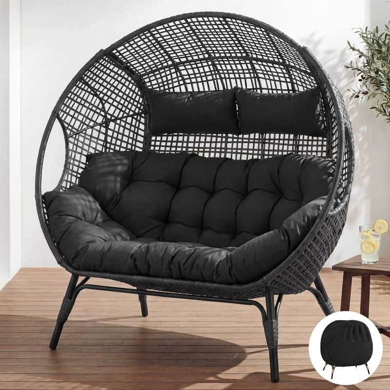 2-Person Papasan-Style Oversized PE Wicker Egg Chair with Cushions, 57.1" Wide, 680-lb Capacity, Indoor/Outdoor