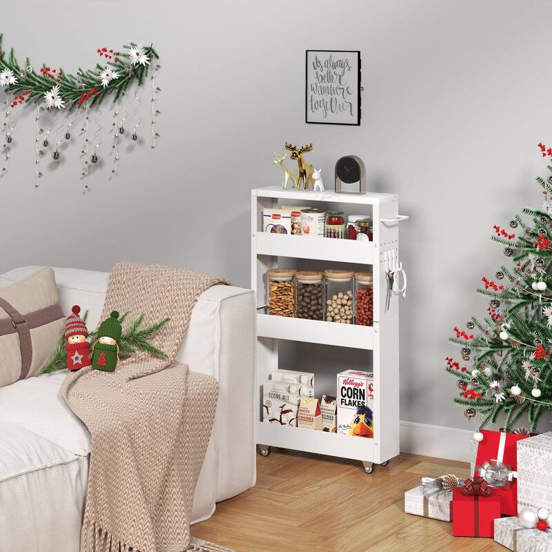 Slim Storage Cart, 4-Tier Kitchen Rolling Cart Narrow Storage Cabinet with Handle & Wheels, Metal Rolling Shelf Unit