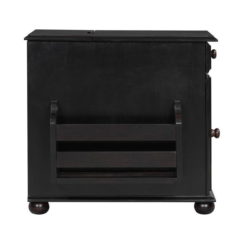 Vintage End Table Flip Top Side Table with USB Ports, One Multifunctional Drawer with cup holders, Sofa Couch Table w/ Bookshelf