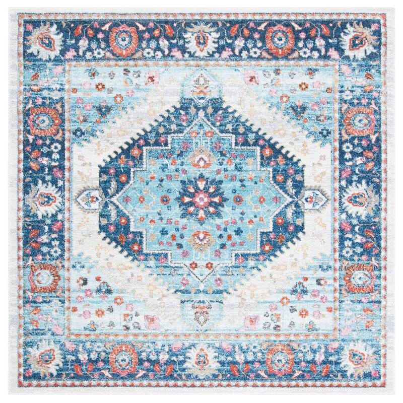 SAFAVIEH Phoenix Ivanne Boho Medallion Distressed Rug - 6'7" Square - Ivory/Blue