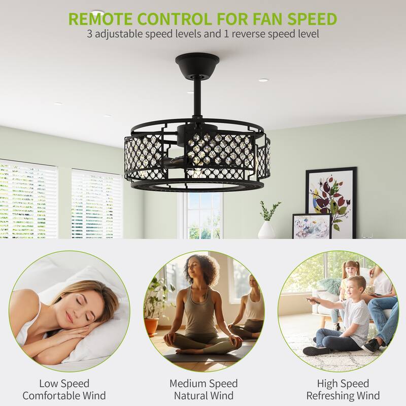 19'' Caged Ceiling Fan with Lights Remote Control Indoor Downrod Fan Matte Black - 21.45"L x 21.45"W x 12.2"H