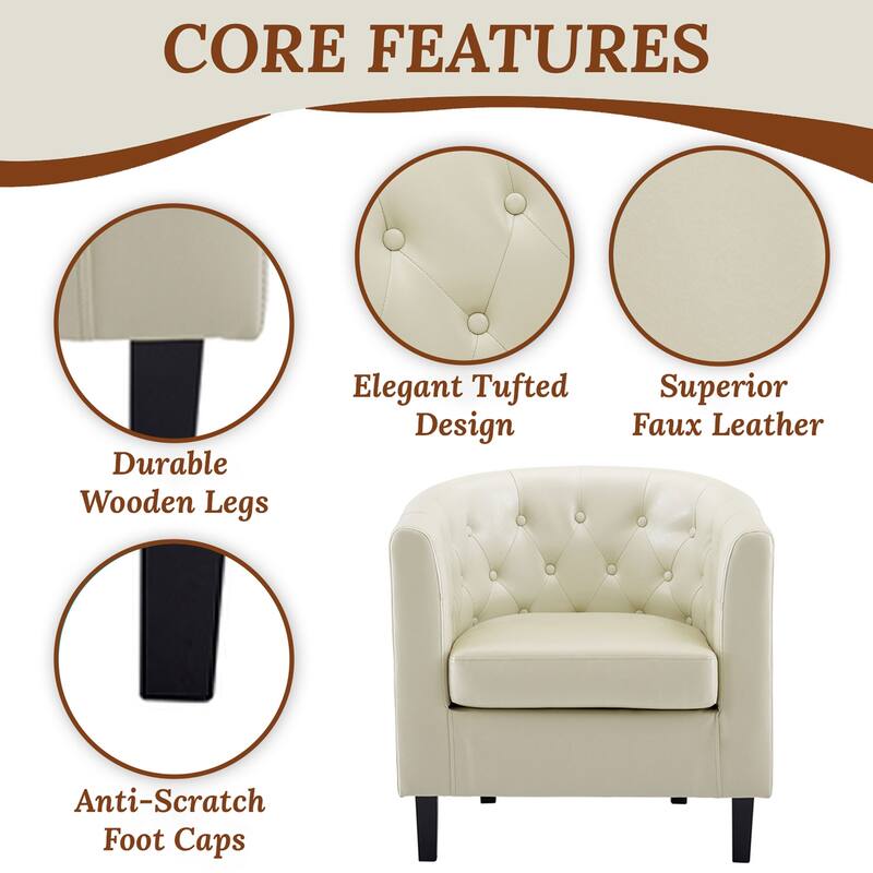 Accent Chair, Button Tufted Faux Leather Barrel Chair, Midcentury Modern Accent Chair, Comfy Armchair, Tub Barrel Chairs