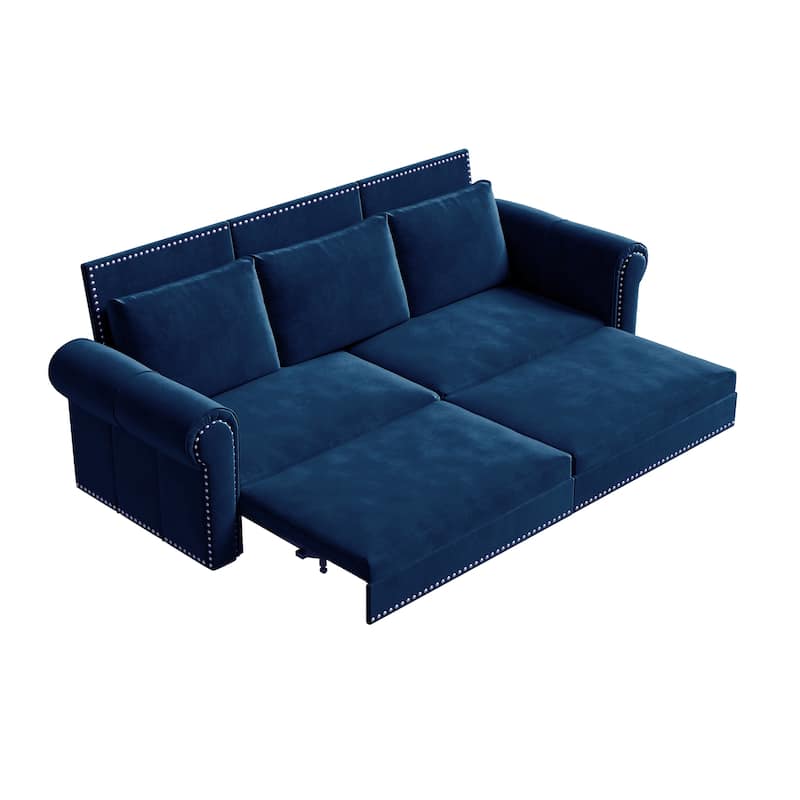 93.7" King Pull Out Sofa Bed w/ Nailhead Trim & Rolled Arm for Living Room Bedroom - Blue
