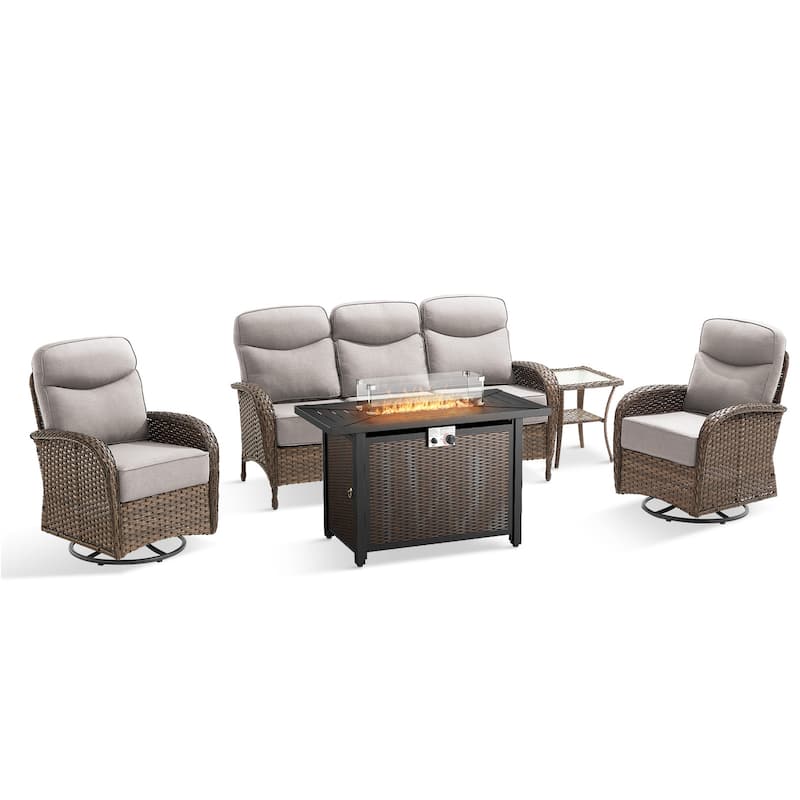 Pocassy Outdoor Sofa Swivel Chair and Ottman with 43in Fire Pit Table