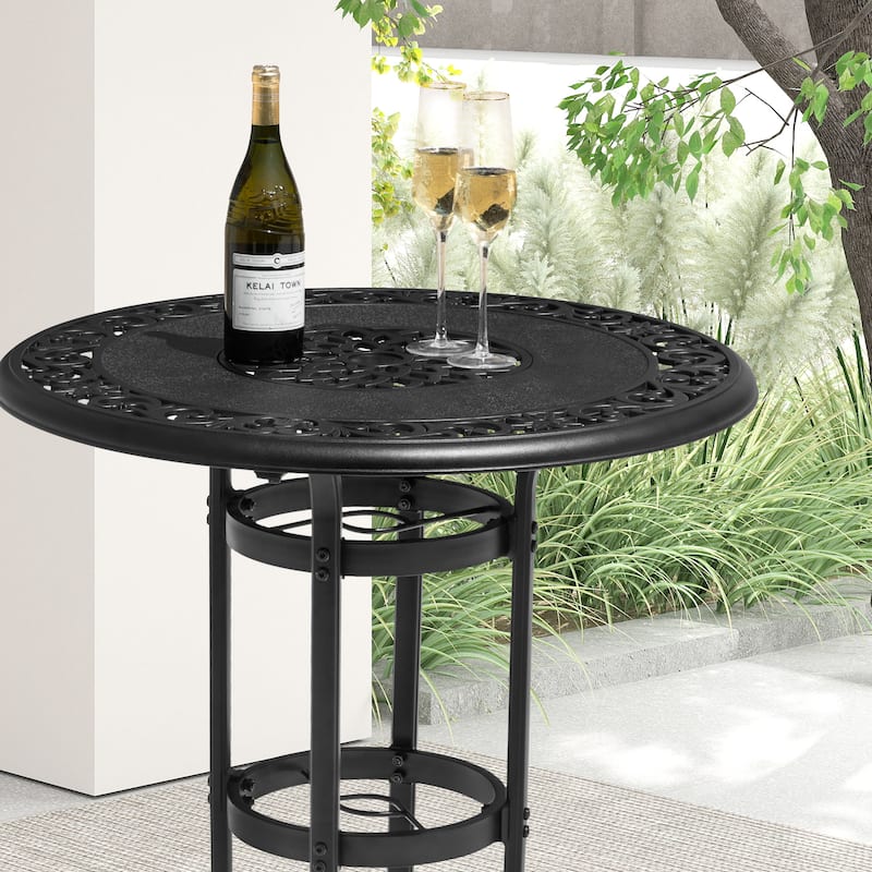 Outdoor 31'' Round Cast Aluminum Patio Bistro Table with Hollow Tabletop and Umbrella Hole, Black - 31'' Round