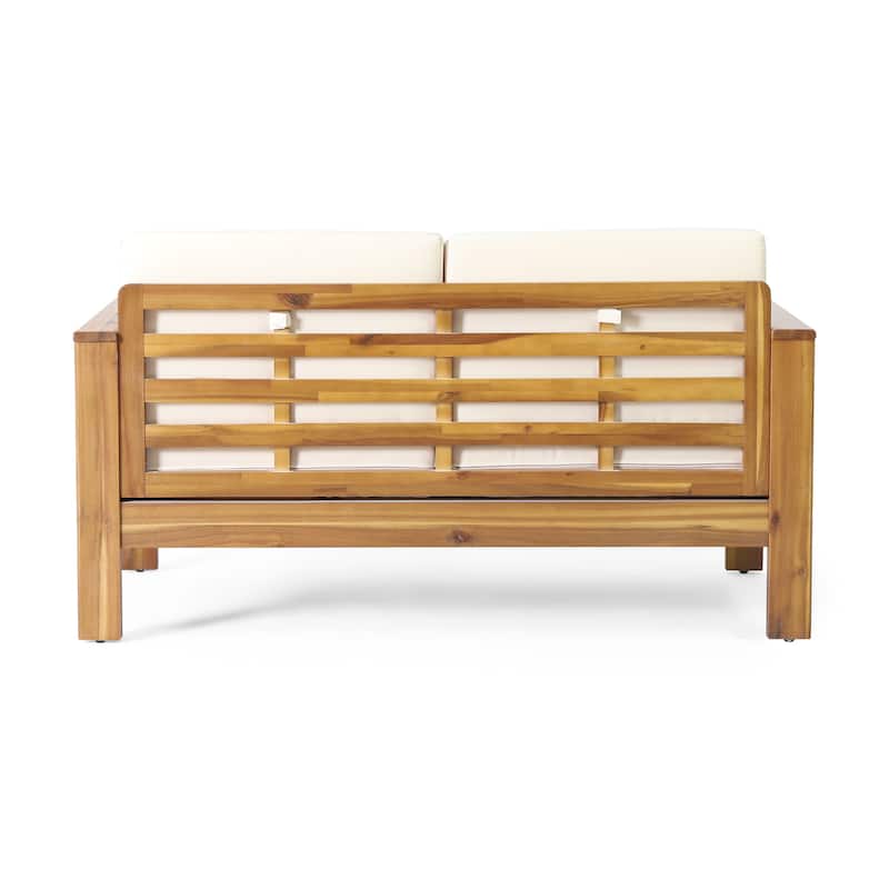 Roomfitters Outdoor Acacia Wood Loveseat and Coffee Table Set, Cream Cushions, Teak Finish, Ideal for Patio, Garden, or Porch