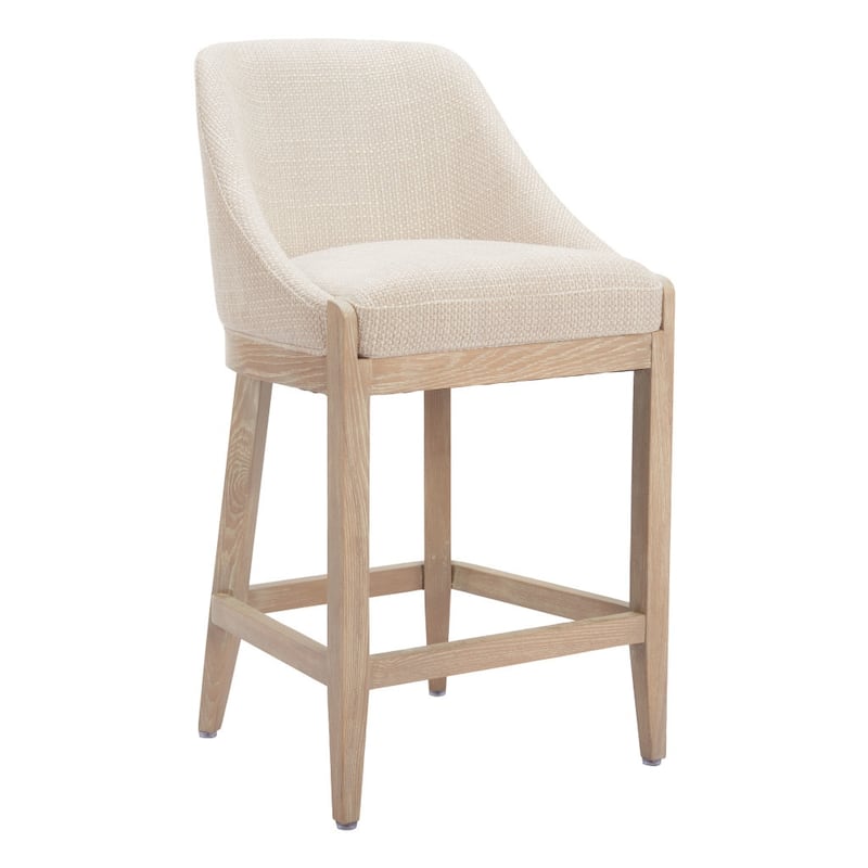 HomeRoots 27" Beige and Natural Fabric and Solid Wood Counter Height Bar Chair