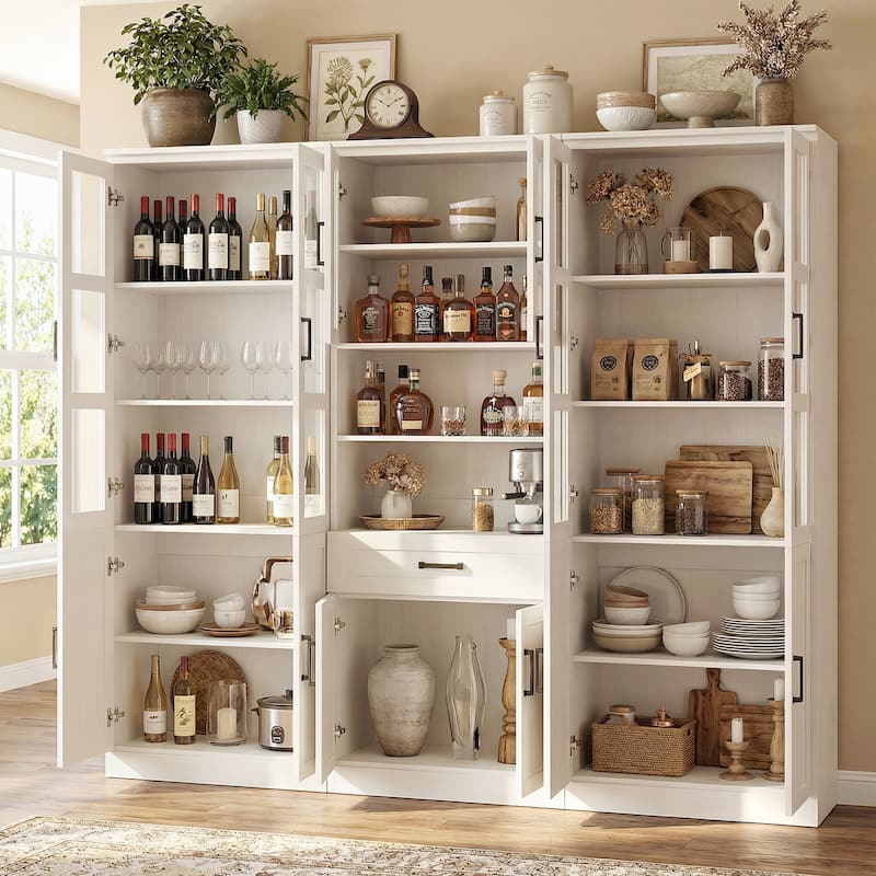 Set of 3 Freestanding Display Bookcase with Glass Doors & Adjustable Shelves & Drawer, for Living Room, Dining Room,Home Office.