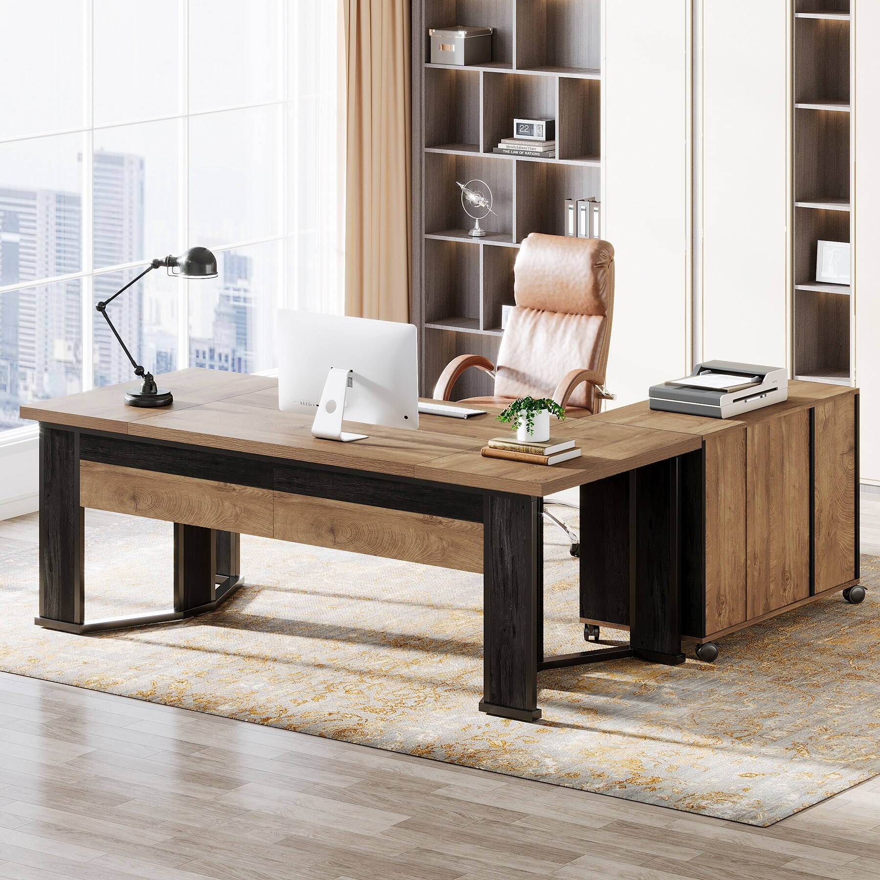 Executive Desk with File Cabinet, Large L Shaped Computer Office
