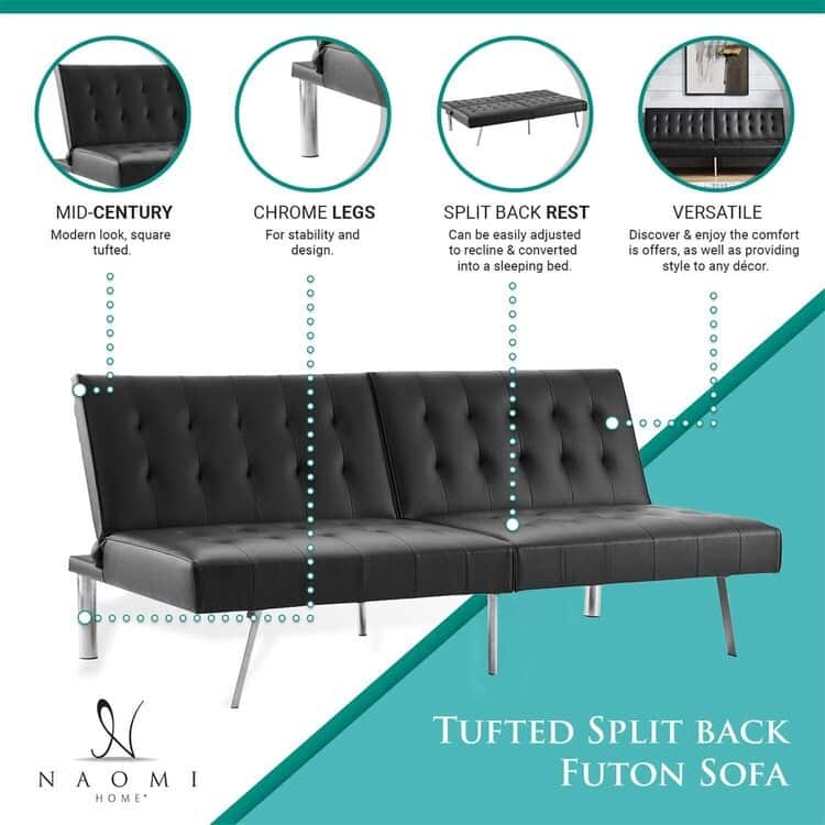 Tufted Mid-Century Modern Split Back Futon Sofa Couch Bed with Chrome Legs