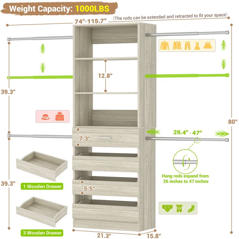 Set of 2 Closet System with 7 Wooden Drawers ＆ 4 Hanging Rods, Heavy Duty Walk-in Closet Organizer System with Shelves