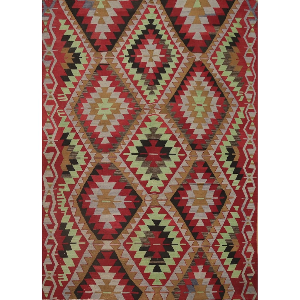 Hand Woven Oriental 100% Wool Carpet Southwestern Tribal Red Kilim Area Rug - 8' 0'' X 6' 6''