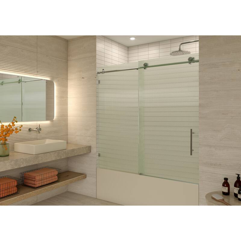 Galaxy 60 in. x 60 in. Fully Frameless Fluted Glass Sliding Bathtub Doors - Righthand - Chrome