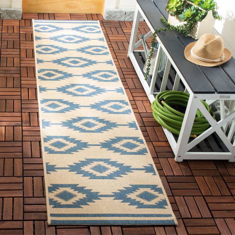 SAFAVIEH Beach House Jannita Indoor/ Outdoor Waterproof Patio Backyard Rug - 2'2" x 12' Runner - Blue/Creme