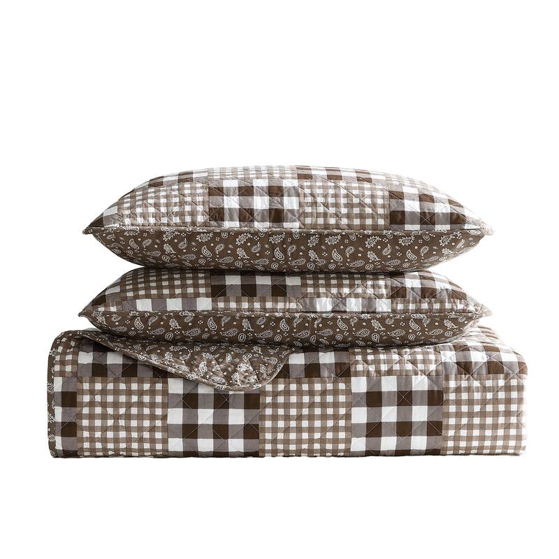 Eddie Bauer Gingham Patchwork Cotton Reversible Brown Quilt Set