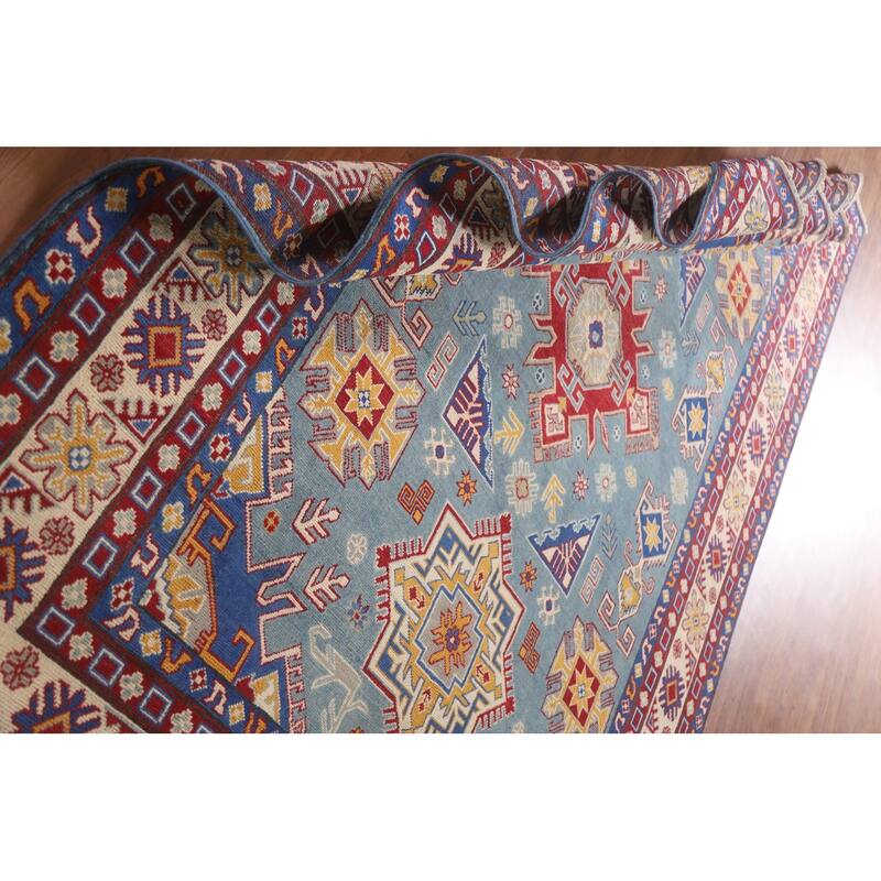 Hand Knotted Oriental 100% Wool Carpet Traditional Geometric Navy Blue & Blues Kazak Area Rug - 9' 8'' X 6' 7''