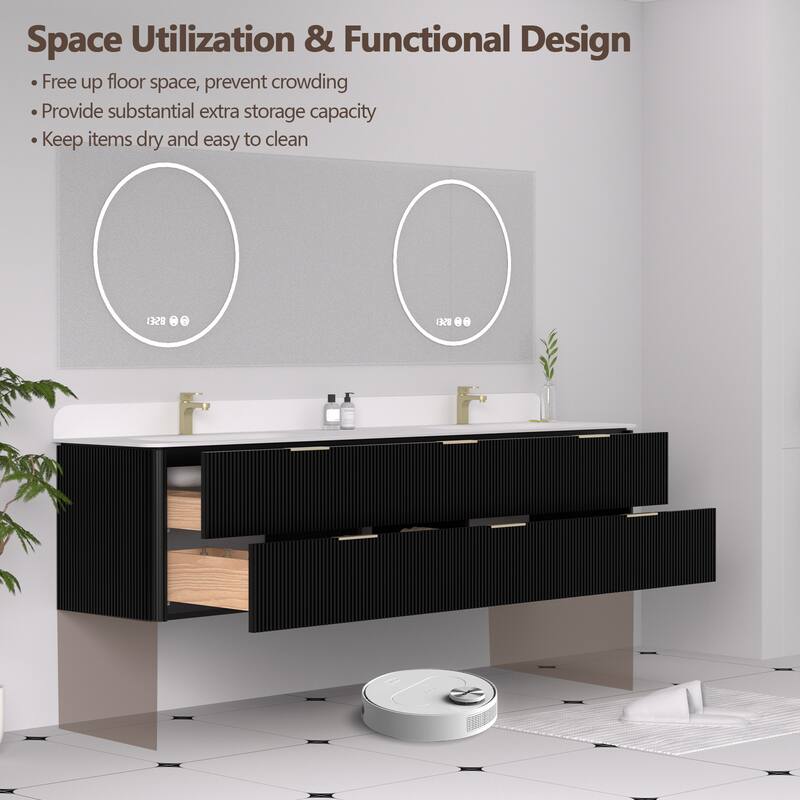 84" Floating Bathroom Vanity with Integrated countertop Rectangular Sink Solid Wood