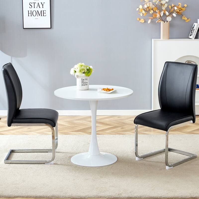 Roomfitters 3pcs Small Round Dining Table Set with PU Upholstered Chairs and Silver Arched Legs