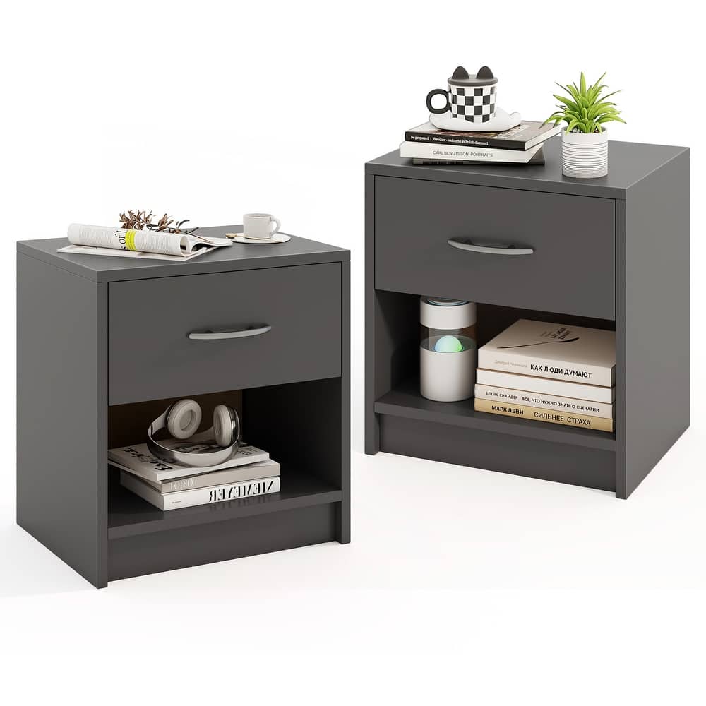Gymax 2 PCS Nightstand w/ Drawer Side Table w/ Slide-out Drawer Open