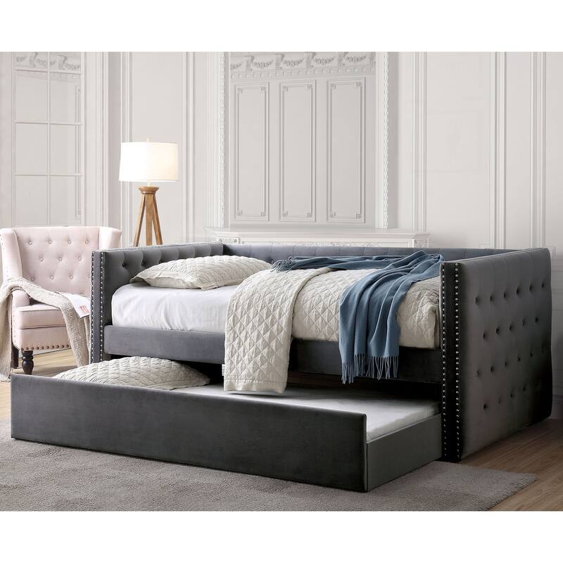 Furniture of America Ragen Twin-size Tufted Upholstered Daybed with Trundle and Nailhead Trim - Grey