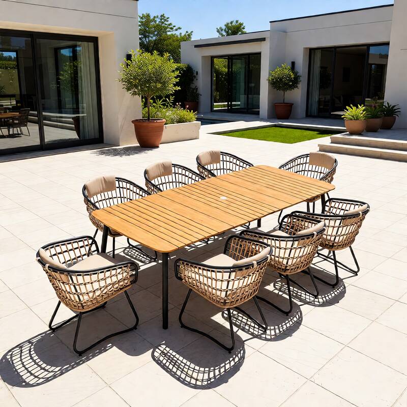 7/9-Piece Outdoor Dining Set Patio Aluminum Dining Table with Umbrella Hole and Rattan Chairs