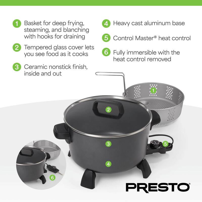 Presto 10-Quart Kitchen Kettle XL Multi-Cooker, Steamer & Deep Fryer, Black - 6.92