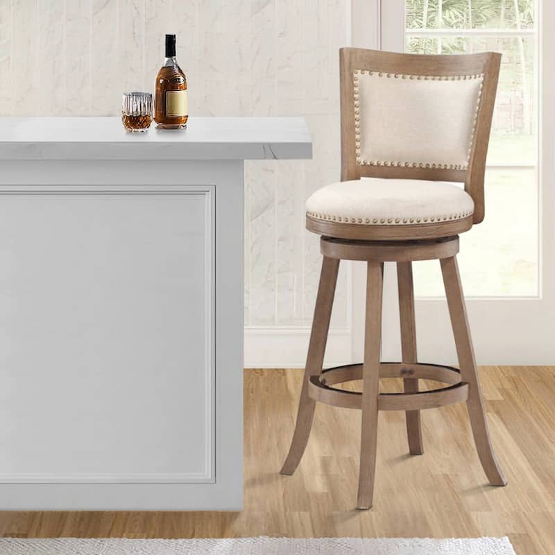 Nailhead Trim Round Barstool with Padded seat and Back, Brown and Beige - 43.5 H x 18 W x 21.5 L Inches