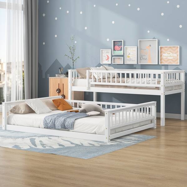 slide 2 of 10, Twin XL over Queen Bunk Kids Bed Frame with Ladder, Guardrails, Detachable Design, White White