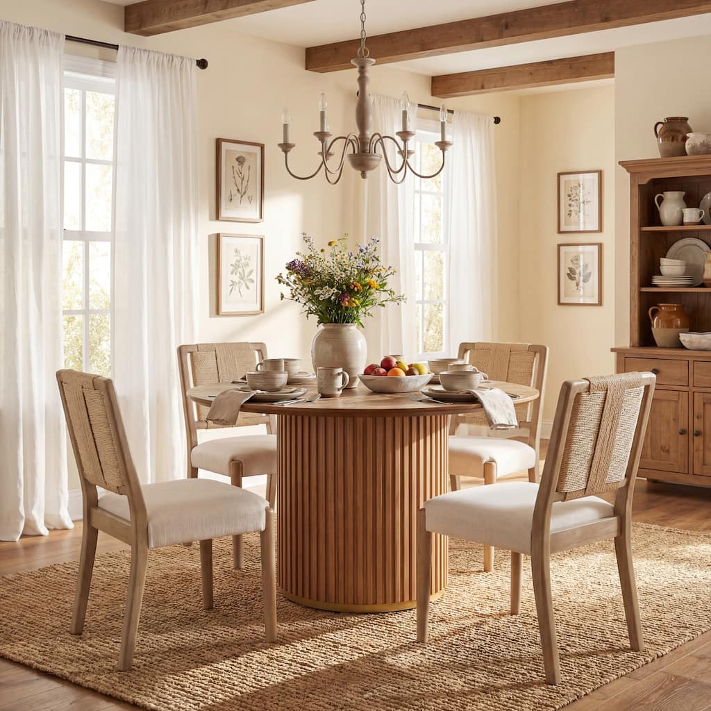 Christopher Knight Home - Modern 5 Piece Wooden Dining Set with Woven Back Upholstered Chairs