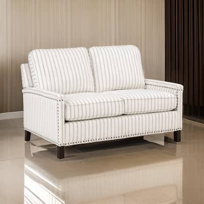 Claire 54 Inch Loveseat, Beige Gray Polyester Pinstripes Design, Solid Wood