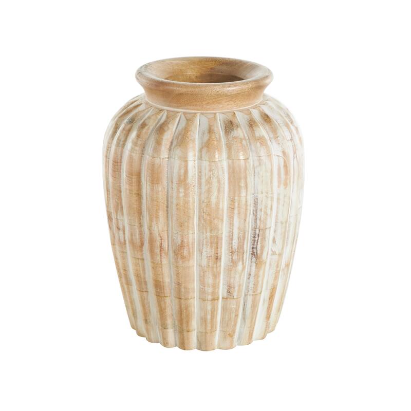 Light Brown Mango Wood Distressed Decorative Vase with Carved Ridges