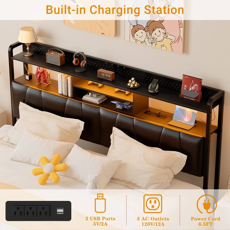 Upholstered Headboard with Pegboard and Charging Station, Storage Headboard Shelves and LED Light