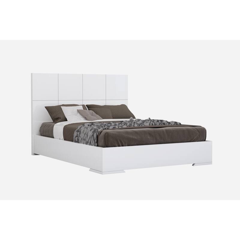 Queen Size Platform Bed - Modern Square Headboard, High Gloss White Finish - Adventure Bed