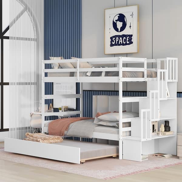 slide 2 of 14, Twin over Twin Bunk Bed With Trundle, Stairway Storage Function, White