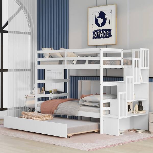 slide 2 of 17, Wooden Twin over Twin Bunk Bed with Pull Out Trundle Bed, Stairway Storage and Full-length Guardrails for Kids, Teens White - Twin
