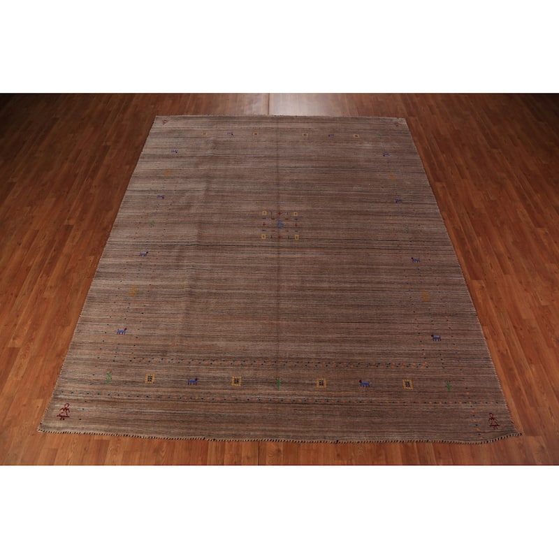 Striped Gabbeh Oriental Area Rug Handmade Brown Wool Carpet - 8'0" x 9'9"