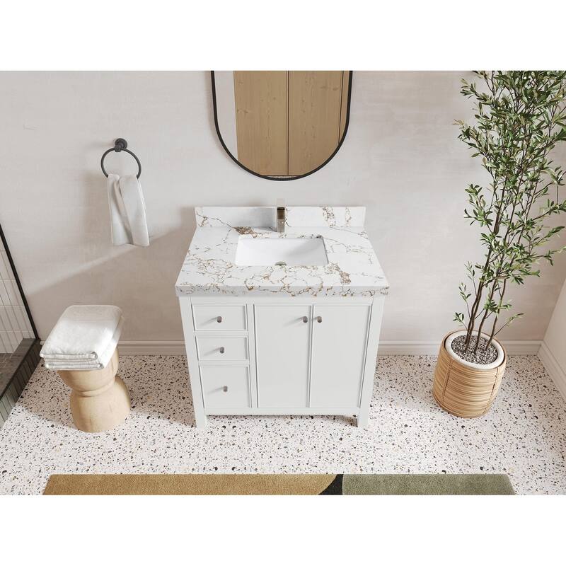Willow Collections 36 in. W x 22 in. D Chicago Center Sink Right Bathroom Vanity with Countertop - 2" Viola Gold - White