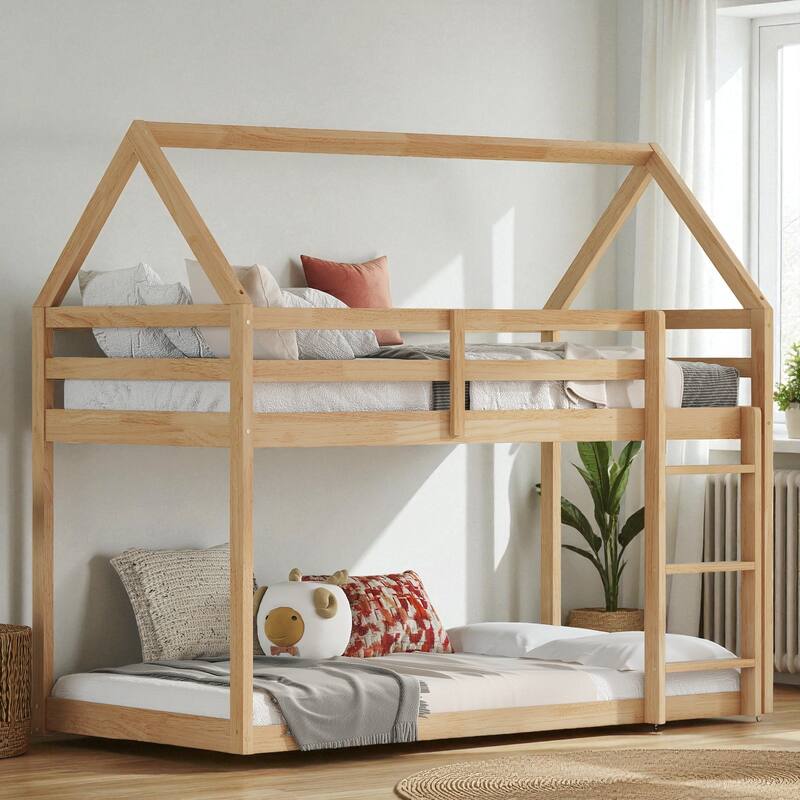 Twin Over Twin Floor Bunk Bed with House Roof Design, Rubber Wood Frame, Ladder and Guardrails for Kids Bedroom