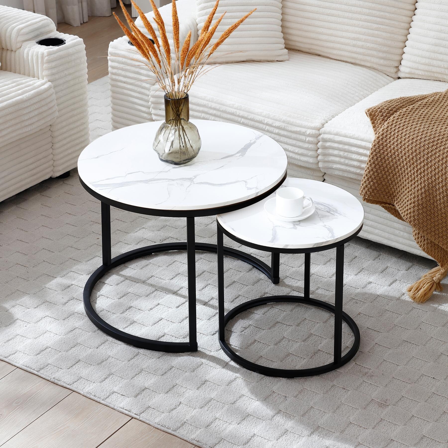 Nesting Coffee Table Set of 2 Round MDF Top and Metal Frame Modern Industrial