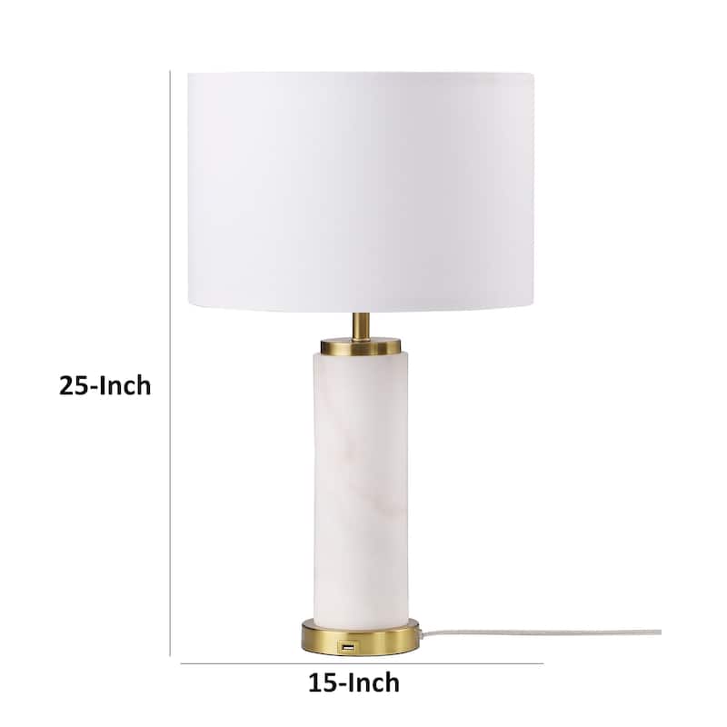 25 Inch Table Lamp, White Fabric Drum Shade, Modern Gold Metal Round Base