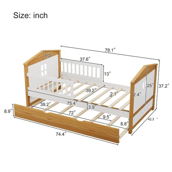 dimension image slide 1 of 2, Wood Platform Bed, Twin Size, with House Shape Headboard, Guardrails, and Options for Drawers or Trundle